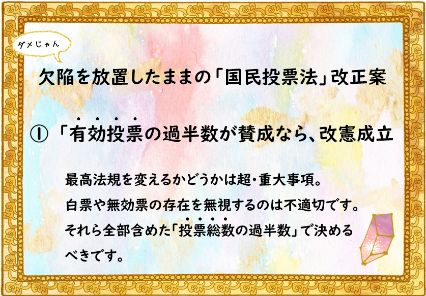 asuno_jiyuu's tweet photo. まず憲法９６条が定める国民投票の「その過半数の賛成を必要とする」の意味。 今の #国民投票法 では「有効投票の過半数」とされています。白票や無効票は母数にカウントされない､とても低いハードル設定💧改正案について投票した全ての人の意思を反映させた「投票総数の過半数」を土台にすべきです。 https://t.co/1jKtEXLbC4