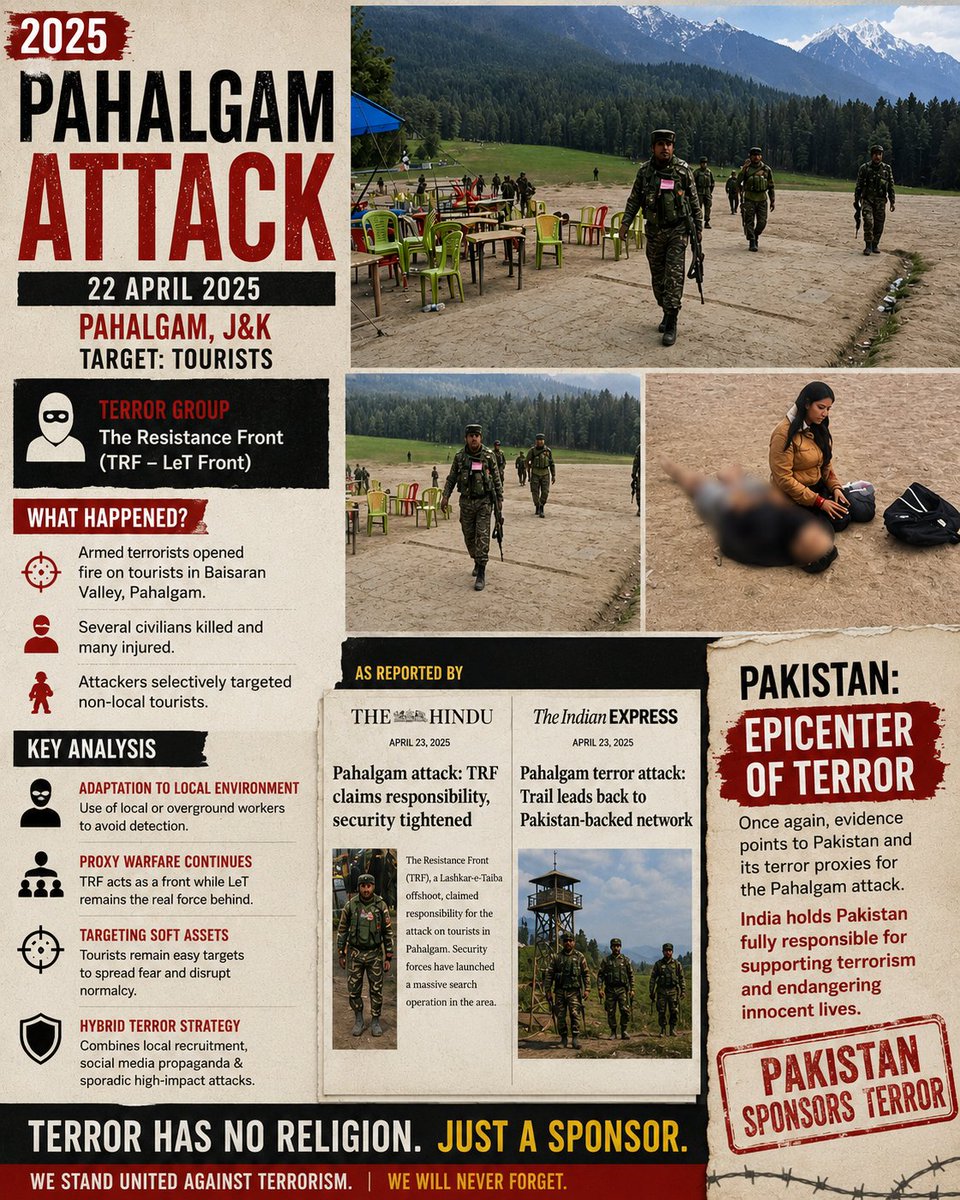 priyavib's tweet photo. Tourists targeted by #TRF (LeT front) in Pahalgam show Pak Army’s evolving hybrid terrorism strategy. Proxy operatives, local recruits, highlight systematic state-backed terror. Pak Army: Fountainhead of Terror  #PakGlobalTerror
#PakArmyTerrorHub
#StateSponsoredTerror
#ISIExposed https://t.co/AGC4Syflr1