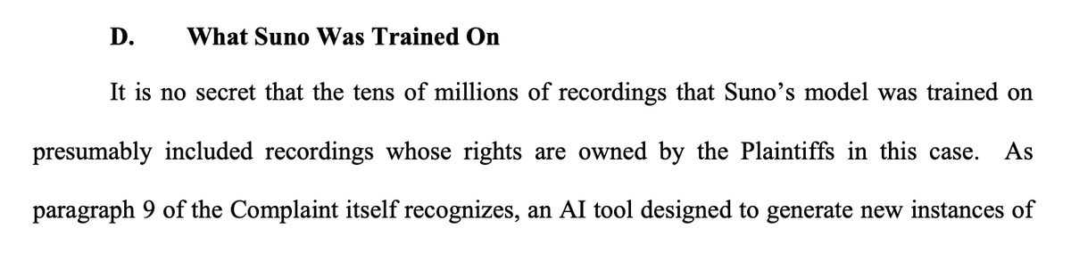 ednewtonrex's tweet photo. An important point for musicians to be aware of:

If your music is *not* included in the datasets the Atlantic shared, that doesn't mean it hasn't been used for AI training.

Suno, for example, publicly admitted in court documents that it has trained on "tens of millions of recordings" - and there is no indication the Atlantic's list corresponds to what Suno used.

And YouTube just claimed in court documents that it has the right to train AI on any music you've uploaded to YouTube.

So don't assume your music isn't being used for AI training just because it doesn't happen to show up in the Atlantic's search.