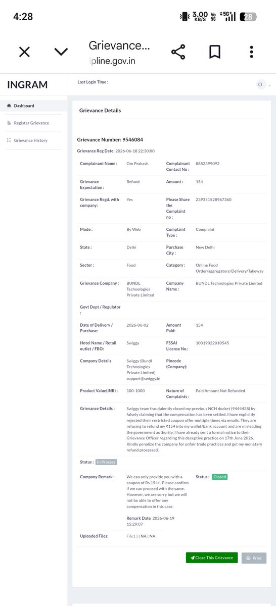 raikwar_g01's tweet photo. Absolute shamelessness by @SwiggyCares @Swiggy! They just updated my fresh NCH Docket (9546084) with the exact same copy-paste coupon response, completely ignoring that I already rejected it via email. Stop misleading the authorities and refund my ₹154 to source!  @ConsumerEnvoy https://t.co/pdSAJxBeYK
