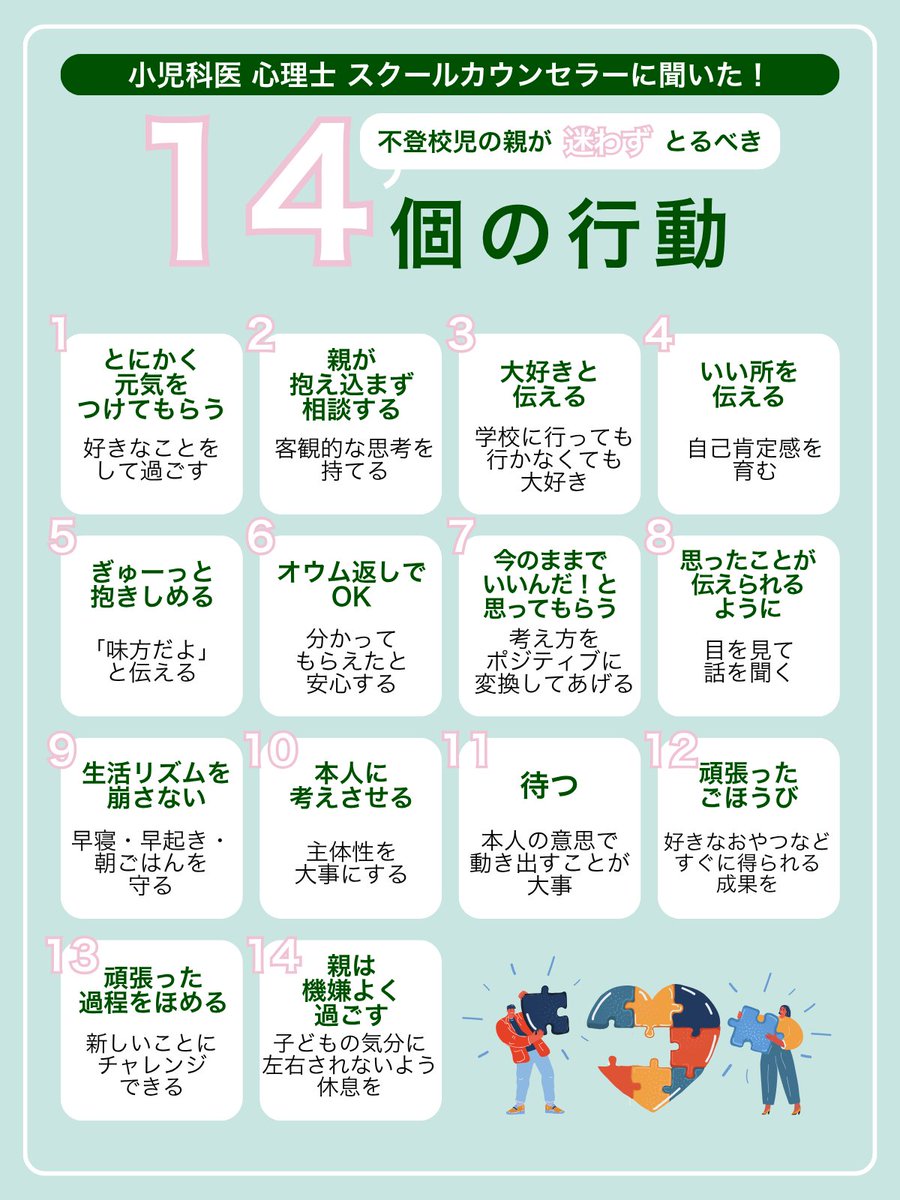 itokona_seisaku's tweet photo. 連続投稿【１４日目】

むすめが不登校だった時に専門家の先生方からいただいた言葉。
昨日の「親がラクになる考え方」に続き「親が迷わずとるべき行動」を厳選してご紹介します。
対応に迷った時は何度も何度もこの軸に立ち返りました😌

お悩みの親御さんにぜひ試していただきたいです。 https://t.co/DfojV0dPwR