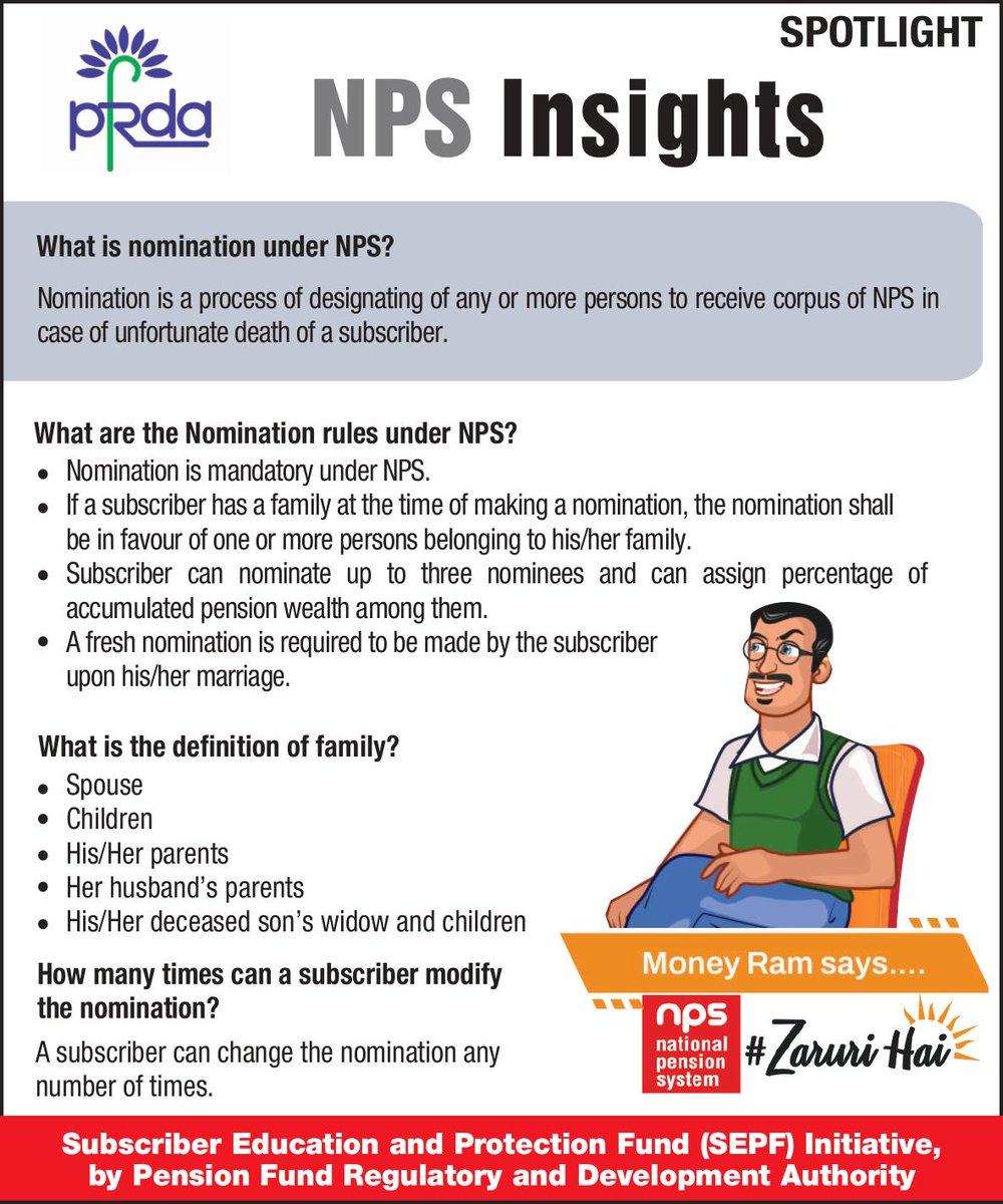 PFRDAOfficial's tweet photo. #NPSInsightSeries

A simple nomination today can make a meaningful difference tomorrow. Understand the key nomination rules under NPS and ensure your pension wealth is distributed according to your wishes.

Plan wisely, keep your nomination updated, and take a step towards securing your family’s financial future.

#NPSInsights #NPS #RetirementPlanning #FinancialLiteracy #PensionForAll #RetirementSecurity #PFRDA #NPSZaruriHai