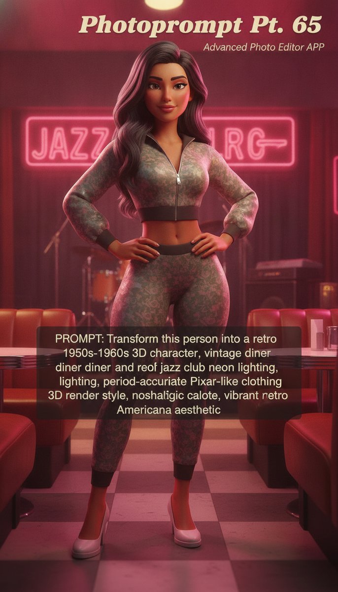 PhotopromptApp's tweet photo. Prompt: Transform this person into a retro 1950s-1960s stylized 3D character, vintage diner or jazz club setting, warm pink and red neon lighting, period-accurate clothing, smooth Pixar-like 3D render style, nostalgic ...
  #aistyle,#stablediffusion,#digitalpainting https://t.co/oU7rXTo0R5