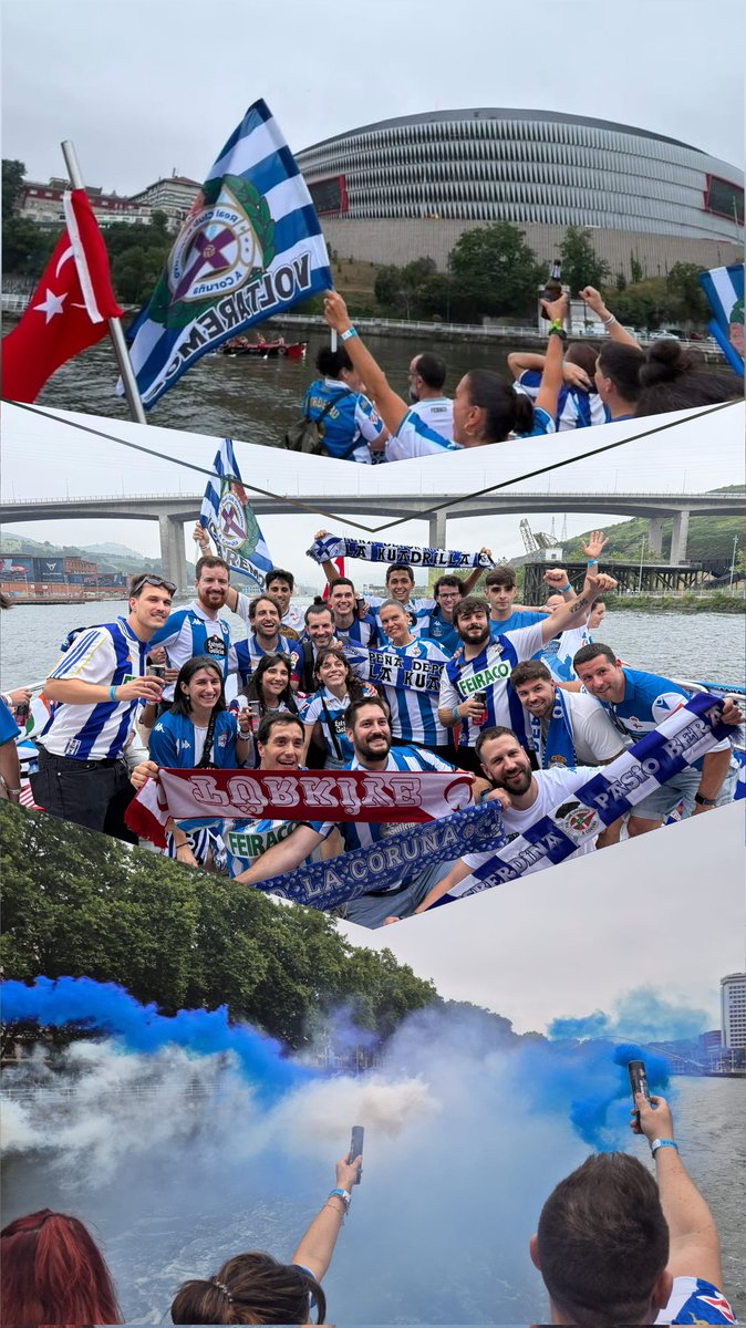 FeRomeroDP's tweet photo. 🤪 Todo comezou na cea de nadal... "Se ascende o Dépor sacamos a gabarra pola ría de Bilbao". Despois chegaron os clásicos "non hai..." ou "suxeitame o cubata". O resto xa é historia. A Peña Deportivista La Kuadrilla 💙🤍💙 cumpriu coa súa promesa 🚢👇🏻 https://t.co/kO1Y0s3w92