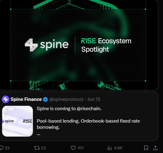 0x_alextine's tweet photo. been off for a little over 2 weeks and wow.!, @risechain  hasn't been slowing down.

one thing is becoming clear: RISE isn't launching as just another chain. It's building an entire trading ecosystem from day one. 

-> @heliosdottrade has already crossed $1B in trading volume on the RISE testnet.

helios combines full range and concentrated liquidity with RISE's ultra-fast execution, delivering low latency spot trading. Demand is already showing before mainnet even goes live.

-> @stage0_  is evolving into much more than a launch platform.

it introduced 2 new hot features:
• Senna – an AI assistant for intent-based onchain actions
• RISE Names – human readable identities like sam.rise and satoshi.rise.

the vision is simple: 
tell the network what you want to do and the infrastructure handles the complexity.

-> @spineprotocol is launching on RISE with two major products:
• Pool based lending powered by Morpho Lite
• An orderbook based fixed-rate borrowing product

with Yearn as the initial curator, RISE is building serious lending markets from day one.

-> @Icarus_Fi is becoming foundational infrastructure on RISE.

as the native ve(3,3) DEX, it will power:
• Liquidity incentives
• Liquidations for Spine Finance
• Portfolio margin on RISEx
• Fully onchain basis trade vaults
This goes far beyond a standard DEX.

-> @KyberNetwork one of DeFi's largest DEX aggregators with $150B+ in trading volume, is also going live on RISE.

It will route across AMMs and orderbooks on RISE to execute the best price in a single transaction.

put it all together and the picture becomes clear:
-> Trading 
-> Liquidity 
-> Lending 
-> Identity 
_> AI-powered interactions 
-> Aggregation 

RISE is positioning itself to launch with the infrastructure stack that traders, builders and applications actually need.