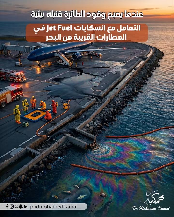 PHDMohamdKamal's tweet photo. عندما يصبح وقود الطائرة قنبلة بيئية:التعامل مع انسكابات Jet Fuel في المطارات القريبة من البحر
في بيئات الطيران، يُنظر إلى وقود الطائرات (Jet Fuel) باعتباره عنصرًا تشغيليًا أساسيًا لضمان استمرارية الرحلات. لكن في حال حدوث انسكاب، يتحول هذا الوقود من مصدر للطاقة إلى تهديد مركب يجمع بين خطر الاشتعال والتلوث البيئي واسع النطاق، خاصة في المطارات القريبة من السواحل أو المتصلة بأنظمة صرف تؤدي إلى البحر.
تكمن خطورة هذه الحوادث في أنها لا تظل محصورة داخل حدود المطار، بل قد تمتد خلال دقائق إلى البيئة البحرية، مما يحول حادثًا تشغيليًا محدودًا إلى أزمة بيئية معقدة.
 
أولًا: ما هو وقود الطائرات ولماذا يُعد عالي الخطورة؟
يُستخدم وقود Jet A-1 على نطاق واسع في الطيران التجاري، وهو مزيج من الهيدروكربونات يتميز بخصائص تجعل التعامل مع انسكاباته تحديًا كبيرًا:
• لزوجة منخفضة (Low Viscosity) → سرعة انتشار عالية 
• قابلية تبخر متوسطة (Moderate Volatility)  → تكوّن أبخرة قابلة للاشتعال في ظروف معينة
• نقطة وميض (Flash Point) تقارب 38°C  → ما يعني إمكانية الاشتعال في حال وجود مصدر إشعال
• سمّية بيئية للكائنات البحرية 
هذه الخصائص تعني أن الانسكاب لا يمثل خطرًا واحدًا، بل مجموعة من المخاطر المتزامنة:
حريق + استنشاق أبخرة + تلوث بيئي
 
ثانيًا: كيف يتحول الانسكاب إلى كارثة بيئية؟
عند حدوث انسكاب داخل المطار، لا يظل الوقود في مكانه، بل يبدأ في التحرك عبر مسارات غير مرئية تُعرف بـ Spill Pathways:
• شبكات الصرف (Drainage Systems) 
• الشقوق والتربة (Soil Infiltration) 
• الانحدارات الأرضية (Surface Runoff) 
في المطارات القريبة من البحر، قد تصل هذه المسارات بسرعة إلى المياه المفتوحة عبر أنظمة الصرف، خاصة في حال غياب أنظمة التحكم أو الإغلاق
بمجرد وصول الوقود إلى البحر:
• يشكّل طبقة سطحية (Surface Film) 
• يحد من تبادل الأكسجين بين الهواء والماء
• يضر بالكائنات البحرية 
• ينتشر بسرعة بفعل التيارات 
وهنا يتحول الحادث من  انسكاب Spill محلي إلى حادث تلوث بحري Marine Pollution Incident".
 
ثالثًا: المخاطر الرئيسية لانسكابات Jet Fuel
1. مخاطر الحريق والانفجار
• تكوّن أبخرة قابلة للاشتعال
• إمكانية حدوث حريق وميضى Flash Fire أو حريق بركة نفطية Pool Fire
• واحتمالية حدوث إنفجار سحابةبخارية Vapor Cloud  Explosion تُعد منخفضة مقارنة بالوقود الخفيف عالي التطاير 
2. المخاطر الصحية
• استنشاق الأبخرة يؤدي إلى: 
_ تهيج الجهاز التنفسي 
_ دوخة وفقدان وعي في الحالات الشديدة 
3. التلوث البيئي
• تلوث التربة والمياه الجوفية 
• تأثير مباشر على الحياة البحرية 
• انتقال الملوثات عبر السلسلة الغذائية 
4. التأثير البيئي المتأخر (Delayed Impact)
قد لا تظهر آثار التلوث فورًا، بل:
• تظهر بعد أيام أو أسابيع 
• تؤثر على جودة المياه والكائنات الحية تدريجيًا 
 
رابعًا: لماذا تُعد الاستجابة في المطارات أكثر تعقيدًا؟
على عكس المواقع الصناعية التقليدية، تتميز المطارات بـ:
• بيئة تشغيل مستمرة (Continuous Operations) 
• وجود طائرات ومعدات حساسة 
• قيود على إيقاف العمل 
• اشتراطات أمان عالية جدًا 
لذلك، لا يمكن التعامل مع الانسكاب بأساليب عشوائية، بل يتطلب:
استجابة منظمة وسريعة دون تعطيل العمليات الحيوية
 
خامسًا: أنظمة التحكم والاحتواء
للحد من انتشار الانسكابات، تعتمد المطارات على مجموعة من الأنظمة الهندسية:
1. أنظمة الصرف والتحكم
• Oil-Water Separators لفصل الوقود عن المياه 
• صمامات إغلاق (Drain Shut-off Valves) لمنع وصول الوقود إلى البحر 
2. أنظمة الاحتواء
• حواجز أرضية (Containment Barriers) 
• مواد امتصاص مخصصة للهيدروكربونات 
3. الحماية البيئية البحرية
• حواجز عائمة (Containment Booms) لمنع انتشار الوقود في المياه 
• Skimmers لإزالة الوقود من السطح 
4. أنظمة مكافحة الحريق
• استخدام رغوة الإطفاء (Foam Systems) مثل  "الرغوة المائية المكونة للغشاء Aqueous Film-Forming Foam. "  AFFF أو بدائلها البيئية 
 
سادسًا: الأخطاء الشائعة التي تؤدي إلى تفاقم الحادث
رغم توفر الأنظمة، إلا أن بعض الممارسات الخاطئة قد تحوّل الانسكاب إلى أزمة، مثل:
• التأخر في احتواء الانسكاب 
• عدم إغلاق شبكات الصرف في الوقت المناسب 
• استخدام مواد امتصاص غير مناسبة 
• غياب تحليل مسار الانسكاب (Spill Pathway Analysis) 
• ضعف التنسيق بين فرق السلامة والبيئة 
هذه الأخطاء غالبًا ما تكون الفارق بين حادث محدود وكارثة بيئية.
