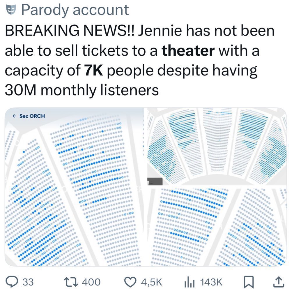 bubbleminemint's tweet photo. @jenscharisma fake streams and listeners on spotify can't help jenma sell out 7K capacity tickets at all. And it doesn't help her get a bigger gig than Coachella. doesn't even help her get a global award.😭 https://t.co/jXLVwigbkD