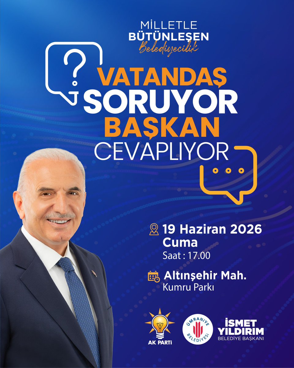 ismetyildirimtr's tweet photo. “Vatandaş Soruyor, Başkan Cevaplıyor” programımızla komşularımızla bir araya gelmeye devam ediyoruz.

Sorularınızı dinlemek, görüşlerinizi almak ve ilçemizi birlikte konuşmak için tüm komşularımızı bekliyoruz.

📅 19 Haziran 2026 Cuma
⏰ 17.00
📍 Altınşehir Mahallesi Kumru Parkı https://t.co/POY8eeaWNJ