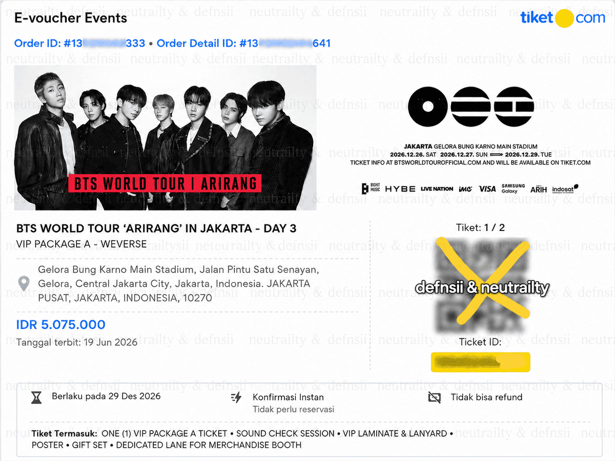 neutrailty's tweet photo. proof jaswar/jastip bts arirang in jakarta day 3 additional show presale 💜

secured under 3 mins, including vip and moree https://t.co/ovi5A2YBcq