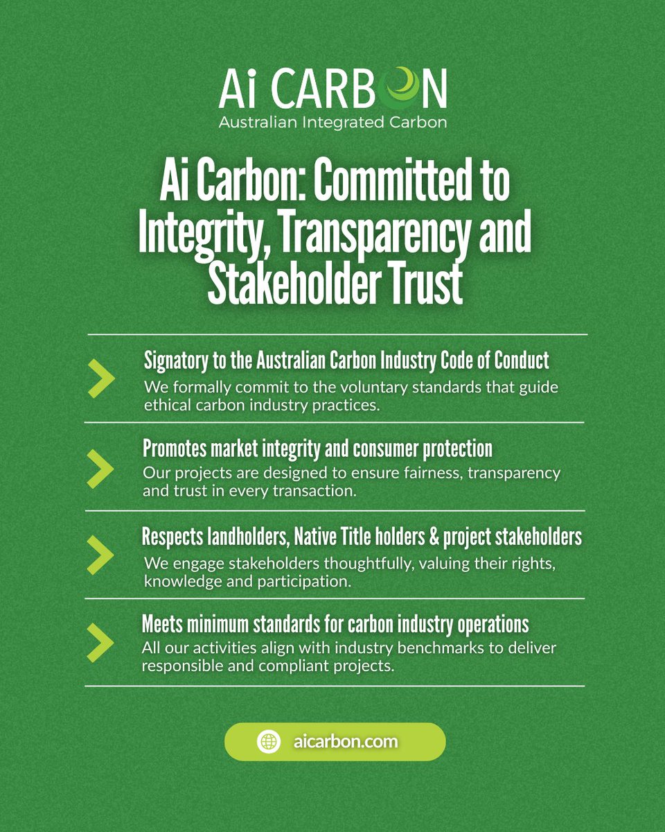 AiCarbonOz's tweet photo. As a signatory to the Carbon Industry Code of Conduct, Ai Carbon ensures integrity and consumer protection. Partner with us for professional, responsible carbon project management that respects all stakeholders.
Visit our site or call 1800 418 515.
#ACCU #carbonfarming #regenag https://t.co/ql0oMA43HD