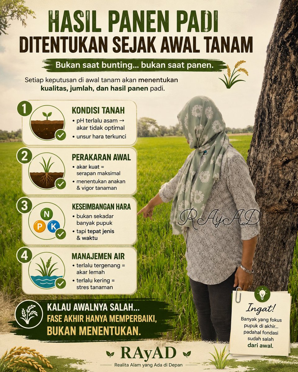 Excel_Dee's tweet photo. HASIL PANEN PADI ITU BUKAN DITENTUKAN DI AKHIR.

Banyak yg baru “serius” saat padi mulai bunting.
Padahal… saat itu kita cuma bisa memperbaiki, bukan menentukan.

Fakta di lapangan
Hasil panen sudah mulai ditentukan sejak awal tanam.

Mulai dari :
kondisi tanah
kekuatan perakaran
keseimbangan hara
manajemen air

Semua itu jadi fondasi.
Kalau fondasinya kuat, tanaman akan jalan sendiri dgn lebih stabil.
Kalau dari awal sudah salah… sebaik apapun perlakuan di akhir, hasilnya tetap terbatas.

Jangan tunggu fase akhir utk berharap hasil maksimal.
Karena panen itu…
bukan keajaiban di akhir,
tapi akumulasi keputusan sejak awal.

— RAyAD