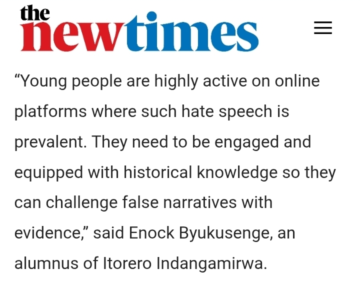 EnockOrchard's tweet photo. “Young people are highly active on online platforms where such hate speech is prevalent. They need to be engaged and equipped with historical knowledge so they can challenge false narratives with evidence,���  @Unity_MemoryRw @visionjeunesse2 @UNDP_Rwanda @IndangamirwAlmn https://t.co/GiY7JwXySC