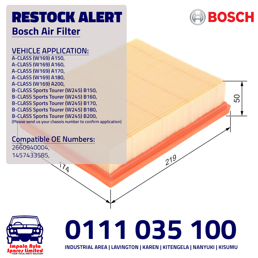 impalaauto1's tweet photo. 🚨 RESTOCK ALERT! 🚨

Bosch Air Filters are back in stock!

✔ Guaranteed genuine Bosch products direct from the manufacturer
✔ OE-quality filtration
✔ Suitable for selected Mercedes-Benz A-Class &amp; B-Class models
Please provide your chassis number to confirm fitment. https://t.co/PoDBF0EMrL
