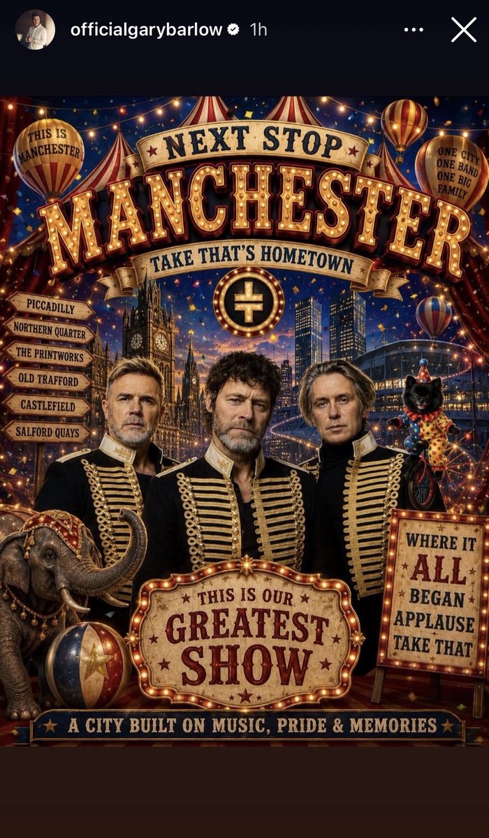 90s_take_that's tweet photo. “C’mon, c’mon, c’mon, c’mon”… 🎶🎉
#TheCircusIsBack 🎪
@takethat’s Home Town 🙌😍🤩💛💚💜 MANCHESTAAAHH!!! Time to Parttttyyyyyy 🥳🥳🥳
#takethat #TheCircusLive2026 #TheCircusIsBackInTown @GaryBarlow @OfficialMarkO #HowardDonald #takethatlegends https://t.co/zKAzaPy7Uz