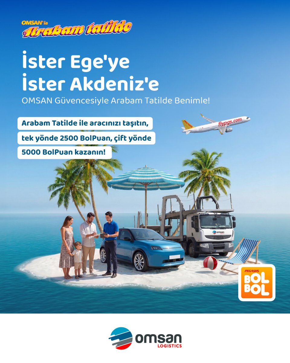 omsanlogistics's tweet photo. OMSAN Lojistik’in öncü hizmeti Arabam Tatilde, yaz sezonunda hem konforu hem de avantajı bir arada sunuyor.

Pegasus Hava Yolları misafirleri, araçlarını OMSAN güvencesiyle tatil bölgelerine taşıtırken BolPuan da kazanıyor.

Haberin tamamı linktedir.
https://t.co/z6RpQJEgoT

OMSAN Logistics’ pioneering Arabam Tatilde service continues to combine convenience and exclusive benefits throughout the summer season.

Pegasus Airlines passengers can have their vehicles transported to their preferred holiday destinations under OMSAN’s assurance while also earning BolPoints.

The full news is available at the link.
https://t.co/1NjB1bakBy
