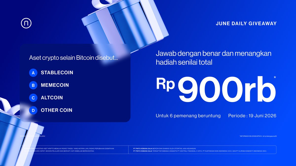 PintuID's tweet photo. Sore Teman Pintu!

Sekarang masuk hari keempat dari rangkaian Daily Giveaway yang berlangsung pada tanggal 15, 17, 18, 19, dan 22 Juni 2026.

Mintu mau bagi-bagi total Rp900 ribu dalam bentuk USDT untuk 6 orang pemenang beruntung 🎉

Untuk hari ini, Teman Pintu bisa ikutan giveaway dengan menjawab pertanyaan di gambar berikut!

Cara ikutan:
1️⃣ Follow akun @PintuID 
2️⃣ Like dan repost tweet ini
3️⃣ Reply dengan jawaban benar dari pertanyaan yang diberikan serta gunakan hashtag #AplikasiPintu
4️⃣ Daftarkan dirimu di link berikut ini: https://t.co/4EGQ88CHiA

Informasi mekanisme dan S&K selengkapnya dapat dibaca di sini: https://t.co/SLufkuA8AL

Semoga beruntung ya! 😉