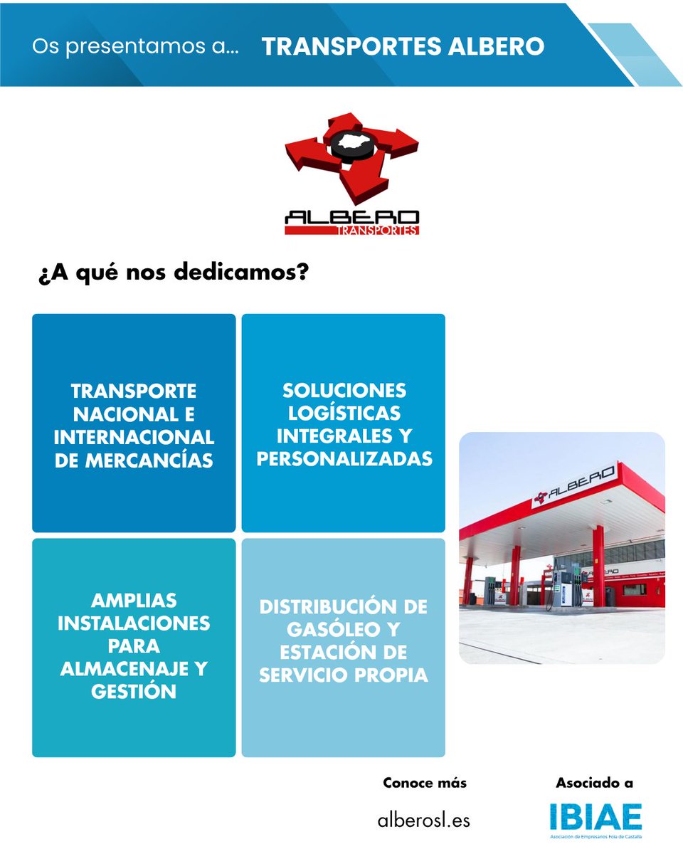IBIAE's tweet photo. 🔵 Os presentamos a TRANSPORTES ALBERO

🚛 Más de 30 años ofreciendo soluciones de transporte y logística para empresas.

✔️ Transporte nacional e internacional
✔️ Más de 25.000 m² de almacenaje

📎 https://t.co/YfXWY9m8ba | https://t.co/32LBJ4AqyP https://t.co/GSROzaHXRX