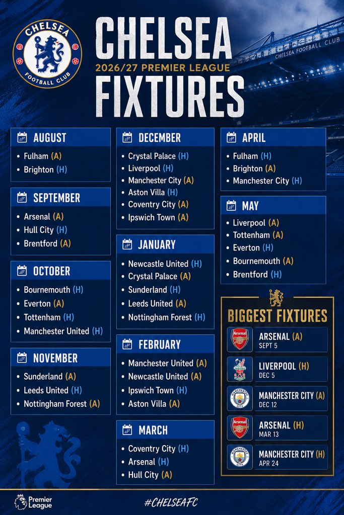 speedlinexx's tweet photo. 🚨🔵Chelsea 2026/2027 Premier League full fixtures. https://t.co/hmUCMhokj9