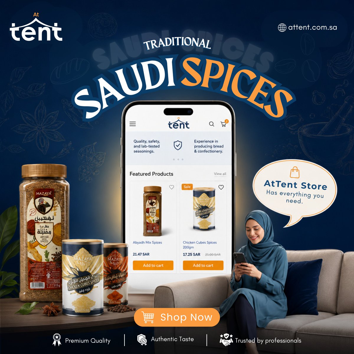 AtTent_sa's tweet photo. Traditional Saudi spices, premium quality with authentic taste. 🌶️

AtTent Store has everything you need and is trusted by professionals.

Shop now: https://t.co/L7fs3iou89

#AtTent #SaudiSpices #MadeInSaudi #AuthenticTaste https://t.co/MfGudcsV4D