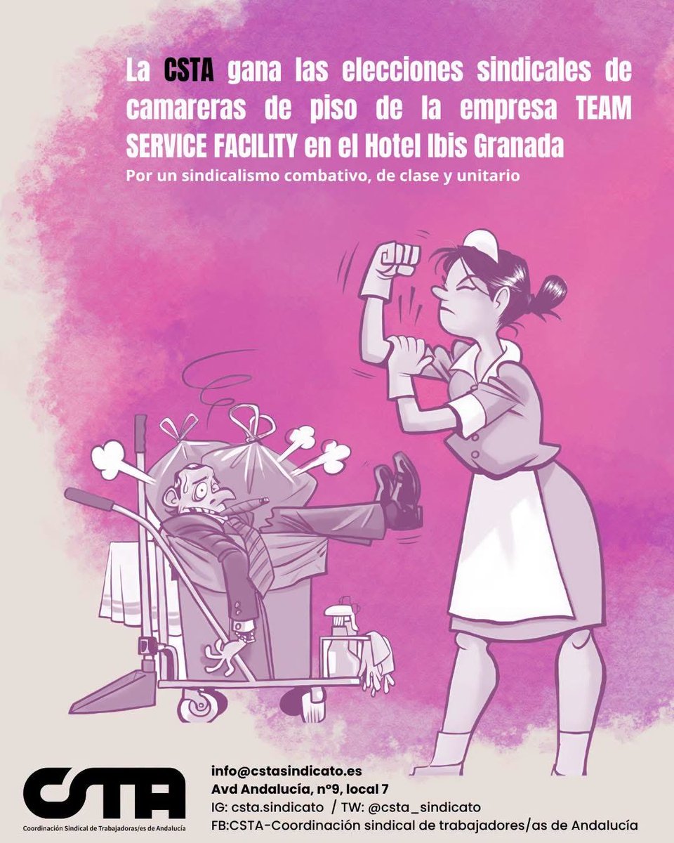 CSTA_sindicato's tweet photo. 🔴 Damos la enhorabuena a nuestras compañeras de la sección sindical de la empresa TEAM SERVICE FACILITY en el Hotel IBIS Granada por ganar las elecciones sindicales con más del 70% de los votos logrando el 100% de los apoyos de los votos emitidos. https://t.co/rCSQ5SJq3w