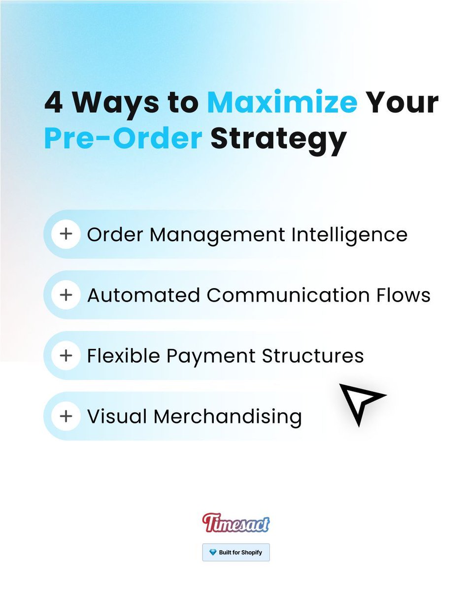 timesact's tweet photo. Fully automate pre-order workflows with @Timesact. 

Stop manual updates. Harness: 
🏷️ Intelligent order tagging 
💳 Partial payments 
⚙️ Inventory triggers 
🔔 Auto-restock alerts

Maximize client revenue with a smoother UX. Ship smarter. 💸

Playbook: https://t.co/A4bI7Xv6uK https://t.co/TzFcXeQYXN