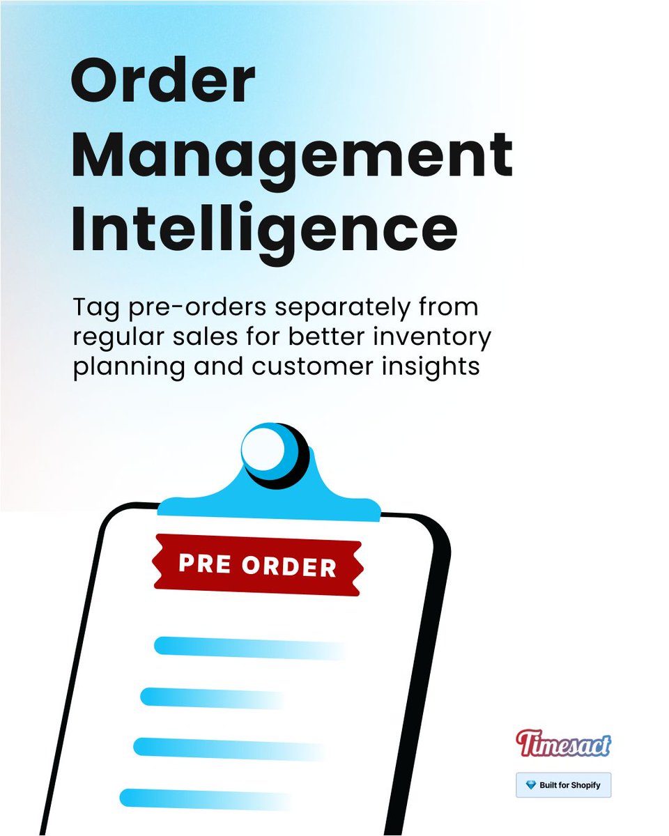 timesact's tweet photo. Fully automate pre-order workflows with @Timesact. 

Stop manual updates. Harness: 
🏷️ Intelligent order tagging 
💳 Partial payments 
⚙️ Inventory triggers 
🔔 Auto-restock alerts

Maximize client revenue with a smoother UX. Ship smarter. 💸

Playbook: https://t.co/A4bI7Xv6uK https://t.co/TzFcXeQYXN