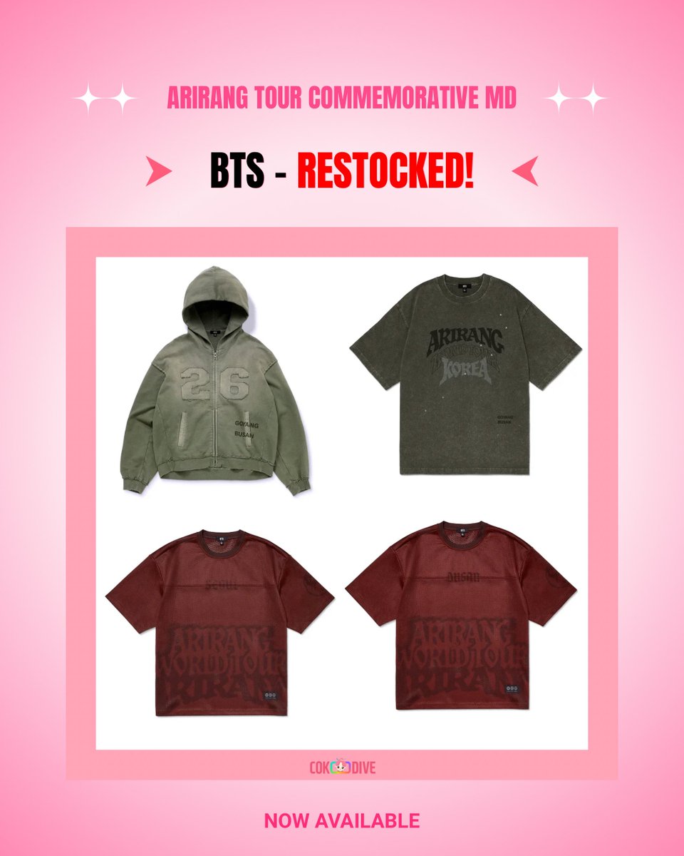 cokodive's tweet photo. 🎤 BTS ARIRANG TOUR MD 🎤

ARIRANG collection is back! 🔥

🔗 https://t.co/KEkN7oQiaM

✨ Restocked fan-favorite apparel
❤️ Tour Commemorative Stamp
👕 Vintage Wash T-Shirt
🧥 Zip-Up Hoodie
❤️ Mesh Jersey T-Shirts
🌎 Inspired by the unforgettable ARIRANG tour journey

Some items sold out quickly before, so don’t wait too long if you’ve been eyeing this collection! 👀

🛍️ Available now at COKODIVE

#BTS #ARMY #ARIRANG #BTSMerch #COKODIVE
