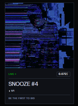 ObliqueHead's tweet photo. when auction
1/1
SNOOZE #4
reserve 0.072 ETH

place bid here!
🔗https://t.co/VGtAcOvrNu 

@TransientLabs https://t.co/fFdIp82vHy