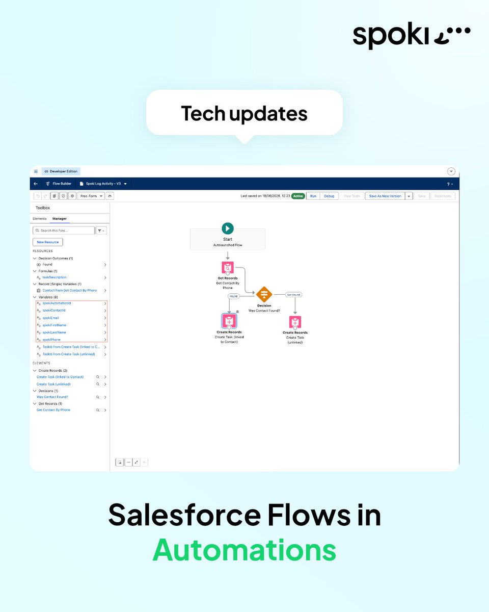 Spokiapp's tweet photo. Spoki Automations can now trigger your Salesforce Flows directly. Add a Salesforce Flow step to create or update Leads, open Cases, or log activities based on WhatsApp conversations. Keep your CRM perfectly in sync, automatically. https://t.co/bqWkfLx8AW