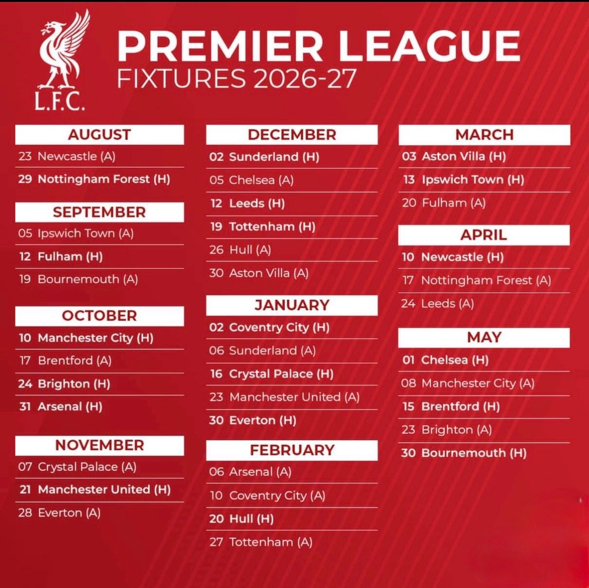 Full Liverpool PL 2026/27 fixture list: