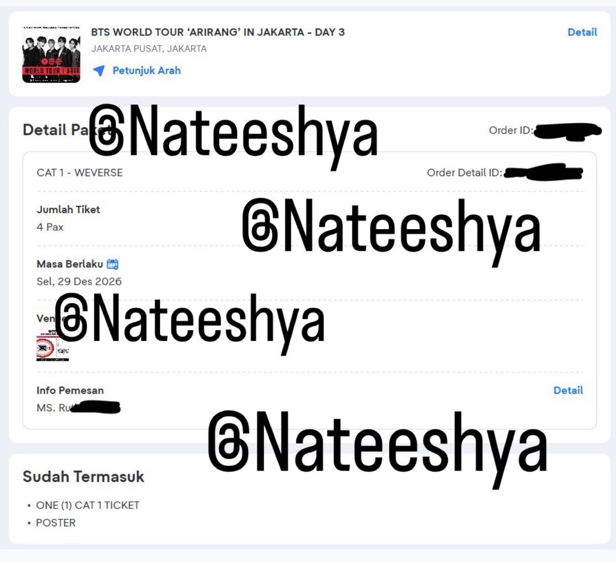 nateeshya's tweet photo. WTS BTS 6 Tix CAT 1 Day 3. Jual karena jastip ku ternyata secure semua. Harganya cuma nambah fee jastip &amp; memship. Available untuk kasih all proof/ketemuan di yaaa jakbar only (bisa bilang aja mau proof apaa)

#BTS #BTSARIRANGJAKARTA #ARIRANGDAY3 #DAY3ARIRANGJKT https://t.co/uhQe6MXL9k