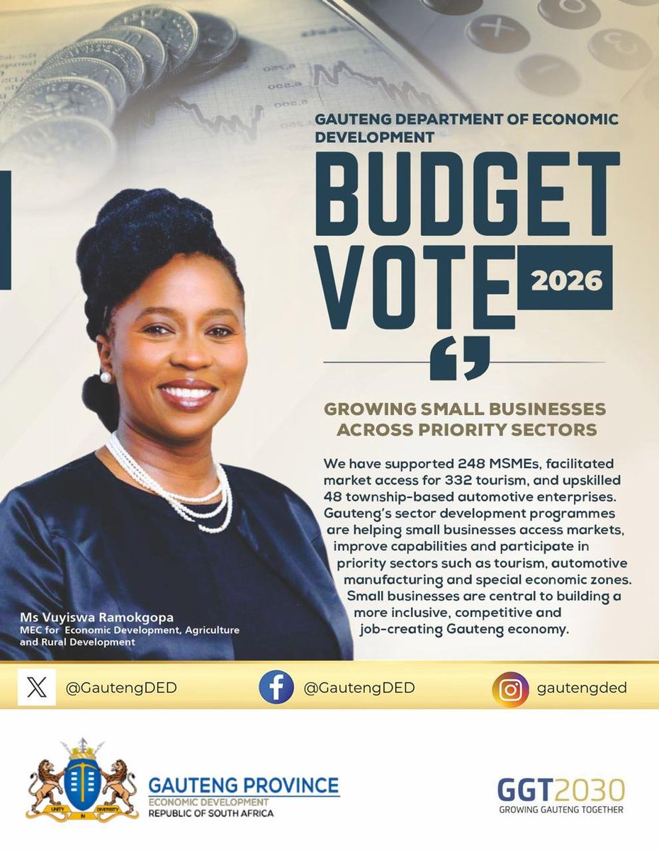 GautengDED's tweet photo. ICYMI
MEC @VuyiswaRamokgop delivered the Gauteng Economic Development, Agriculture and Rurual Development #BudgetVote on 12 June 2026 in which she highlighted:
#GrowingGautengTogether #GautengAtWork https://t.co/QdvQivueAD