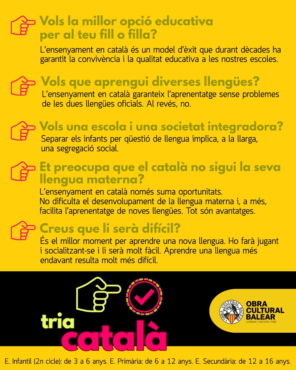 ocbcat's tweet photo. ✅ Has de matricular el teu fill o filla a 4t d'educació infantil (3 anys)? Coneixes familiars o amics que ho hagin de fer?

✏️ Demà, 22 de juny, comença el procés de matriculació. No ho dubtis, a la matrícula dels teus infants, tria català!

ℹ️ Més info a https://t.co/NlGQhgETar https://t.co/k6OFar5oRc