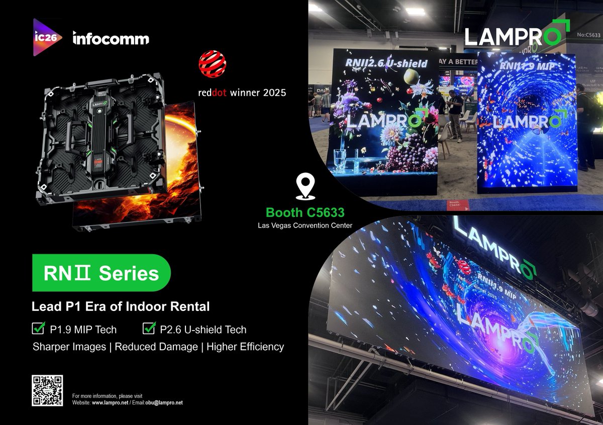 LAMPRO_Official's tweet photo. Combining award-winning design with exceptional visuals, #LAMPRO RNⅡ series continues to capture attention on the #showfloor! Powered by #MIP tech in P1.9 &amp; U-shield tech in P2.6, it delivers crisp images while enhancing #lamp protection &amp; lowering power use. #IC26 #LED #rental https://t.co/TqFPFYj2FK