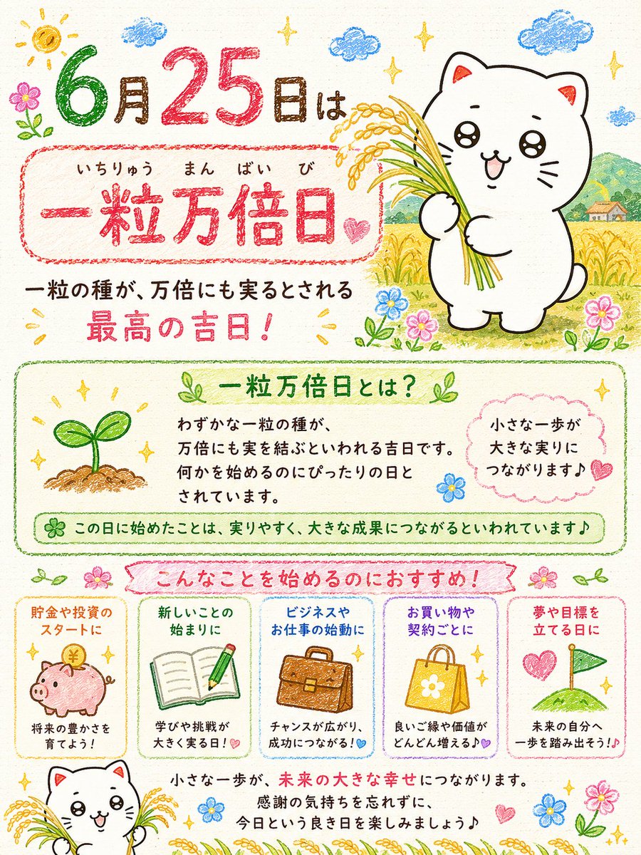 shironeko_7para's tweet photo. ６月２５日は『一粒万倍日』！小さな一歩が、大きな実りとなって戻ってくる日 。今日はいつもの行動に"ちょっぴり"変化を加えてみて。わくわくする未来につながっていくはず。みんなが最高の１日を過ごせますように。 https://t.co/7mI1BfhV5r