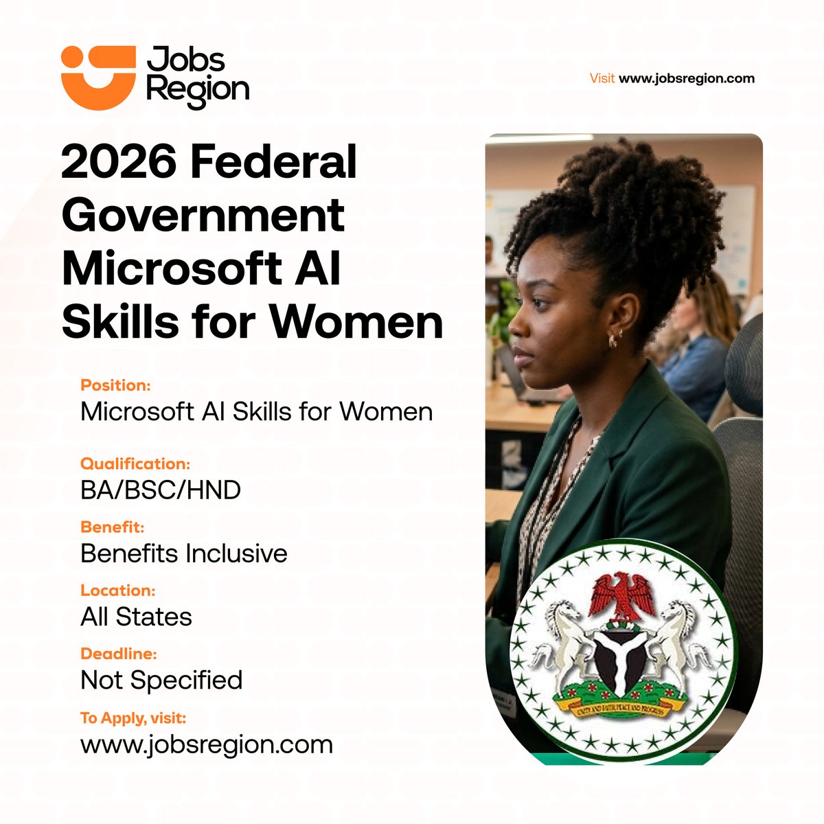 jobsregion's tweet photo. 2026 Federal Government Microsoft AI Skills for Women

Benefits:
- Free AI Training
- Mentorship
- Certification and Opportunity for AI
- Scholarships

Requirements:
-Be students, entrepreneurs, professionals, stay-at-home mothers, and women who are curious about tech.
- Be available to complete the courses and earn your certification.
- No prior technical background is required.

Location: All States

Deadline: Not Specified

Click the link below to apply:
https://t.co/lOKzs9Is3v

Kindly retweet and share to your friends who might be interested
