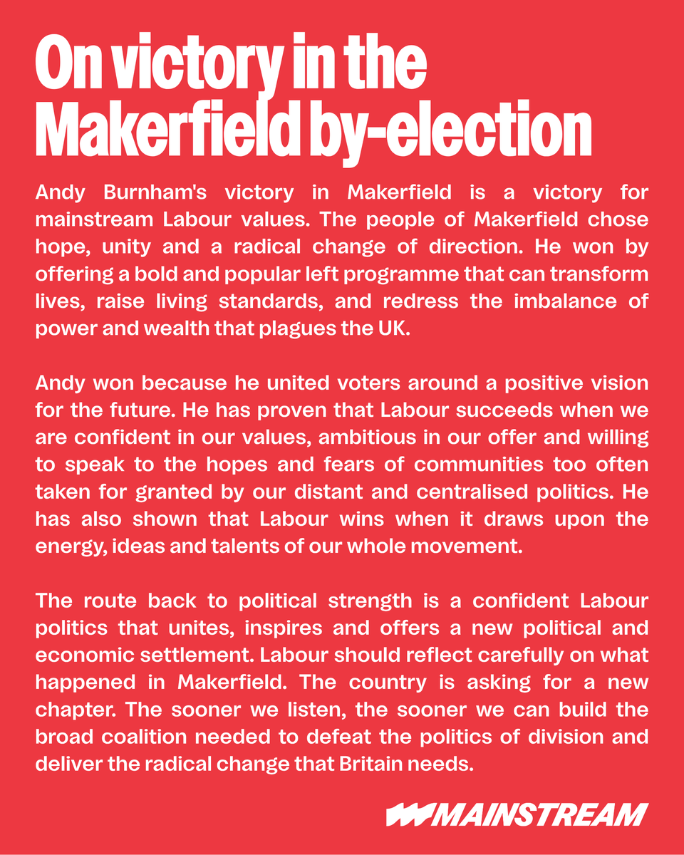 mainstreamlbr's tweet photo. Andy Burnham's victory in Makerfield is a victory for mainstream Labour values. 

The people of Makerfield chose hope, unity and a radical change of direction.

Labour must hear and heed the lessons of this by-election to defeat Reform and transform the country. https://t.co/9kVXeWGzQl