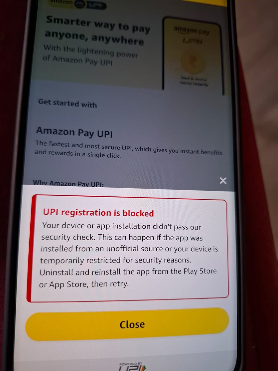 GandhamUpendar's tweet photo. @amazonIN 5 days back I purchased red mi note 15 pro+ 5g.
I am trying to enable Amazon pay upi 
But the app is, saying the device is blocked and not suppored. I tried to reach customer care but no number available and in app it is giving support for purchased products. Plz, help https://t.co/jHh3xpjrMI