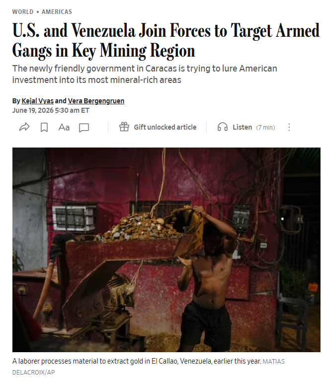 clashreport's tweet photo. Venezuela, with U.S. military and intelligence support, has launched a major crackdown on criminal groups that control large parts of its gold-mining region. 

The operation, which included the killing of alleged Tren de Aragua leader Héctor Guerrero, is part of a broader effort by the country's interim government to restore security, weaken organized crime, and attract foreign investment into Venezuela's rich deposits of gold and critical minerals.

Source: WSJ
