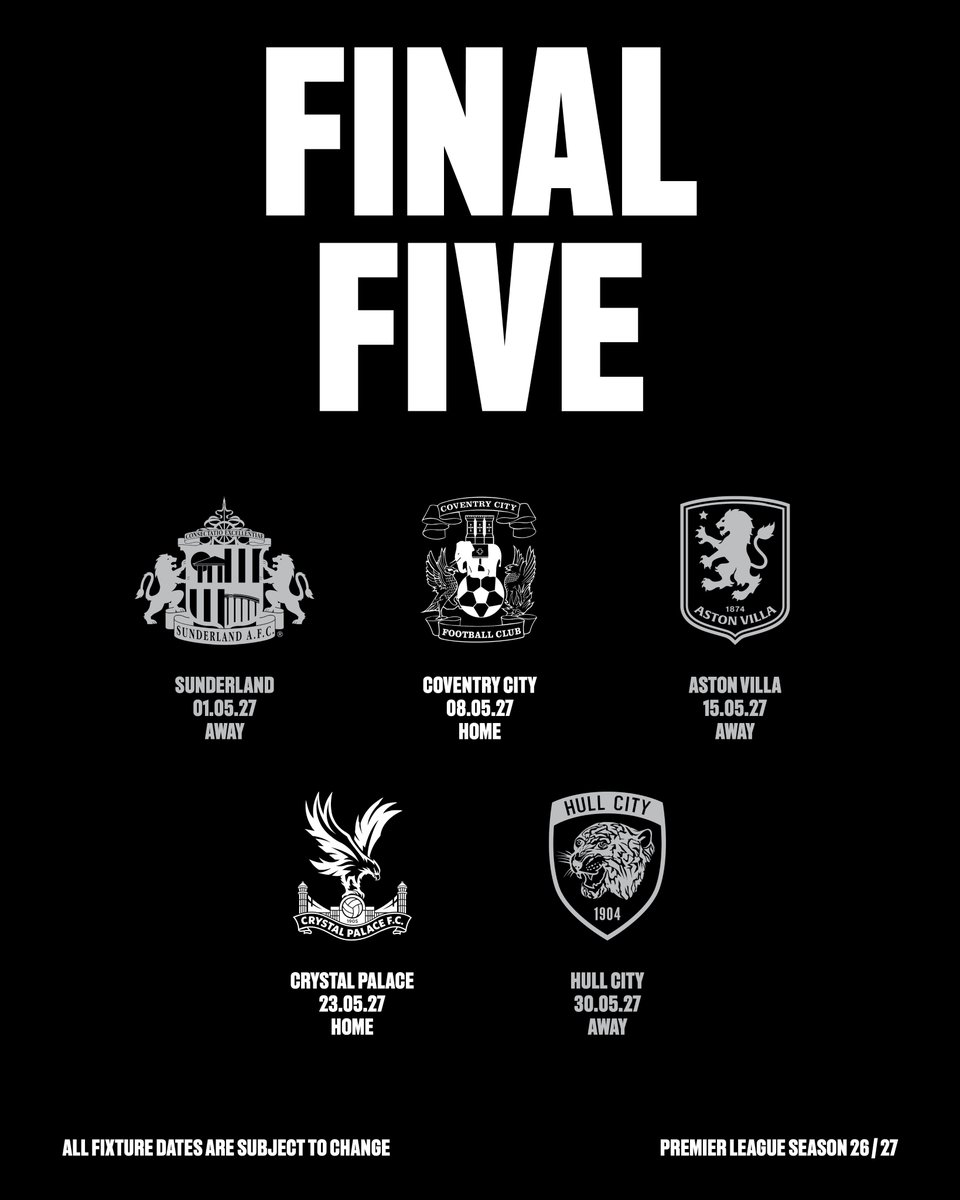 Final five: Sunderland (A), Coventry City (H), Aston Villa (A), Crystal Palace (H), Hull City (A)