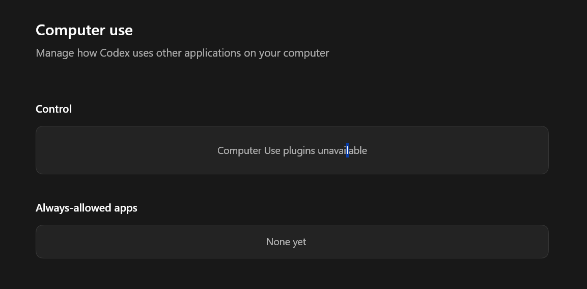 mrnickroach's tweet photo. I had computer use yesterday in Codex and today I do not - anyone else?
UK based https://t.co/NIZcLue4wI