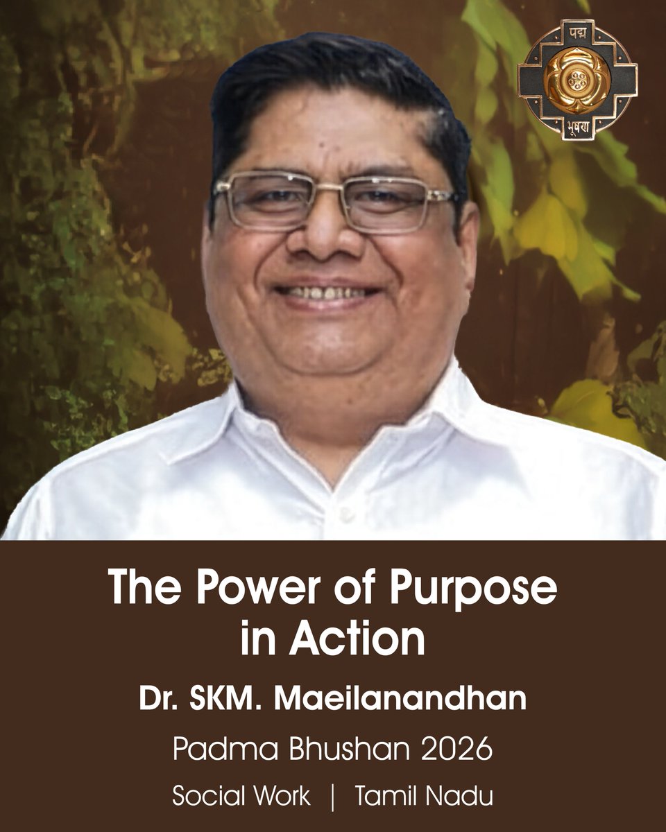 PadmaAwards's tweet photo. Dr. SKM. Maeilanandhan, Renowned Entrepreneur, Honoured with Padma Bhushan. Social worker with contributions in spiritual education, public health and social welfare. Adopted 2 dalit villages and provides free medical aid and child welfare women empowerment initiatives. Famous consumer activist, devoted for spreading Yoga and Meditation across the world. 
#PeoplesPadma2026 #PadmaAwards2026 #PadmaBhushan #socialwork