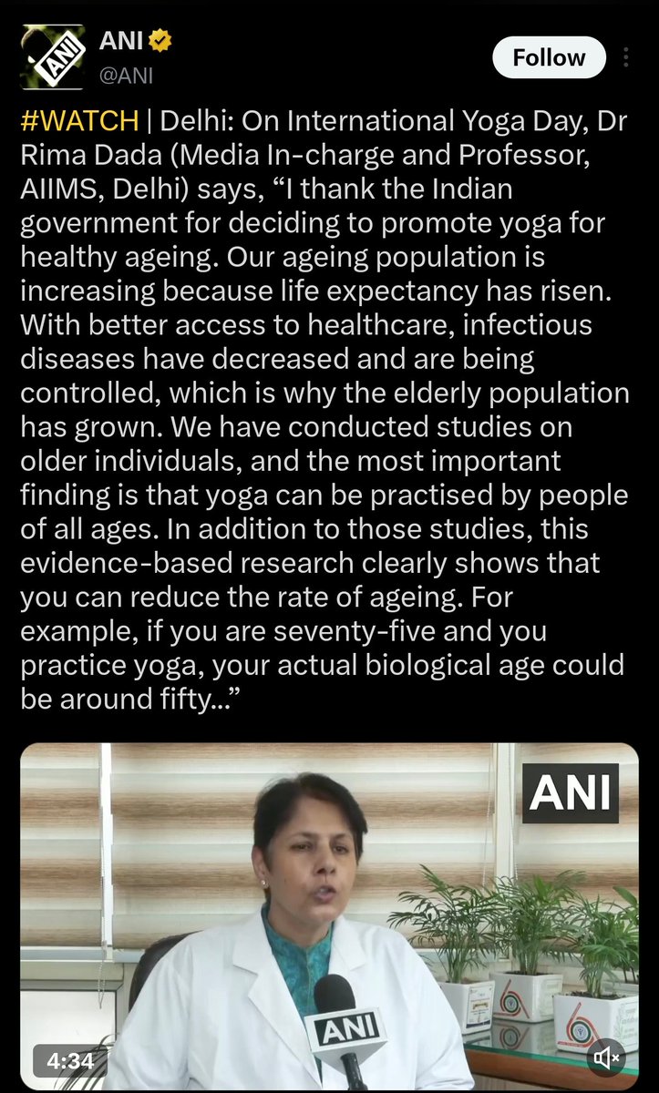 theliverdoc's tweet photo. [1/2] Statement from Nationalist AIIMS Professor: "We have conducted studies on older individuals, and the most important finding is that Yoga can be practiced by people of all ages"

Fact: Epidemiological data reveals that older adults face a significantly higher risk of yoga-related injuries, particularly hip strains and lower extremity trauma, often due to age-related physiological declines.

Traditional forward-bending postures drastically increase compressive loads on the anterior vertebrae, frequently resulting in vertebral compression fractures in elderly practitioners with osteopenia or osteoporosis.

Additionally, poses requiring inversions or cervical rotation can result in severe brain and eye risks, with clinical reviews documenting occurrences of vertebral artery dissections, ischemic strokes, and rapid glaucomatous progression in vulnerable older populations

To reduce these profound musculoskeletal and neurological dangers, geriatric clinical guidelines strongly advised against traditional "strainful" Yoga practices.

Sources:
 1. Amin, JAAOS, 2024
 2. Sfeir, Eur J Phys Rehabil Med, 2018
 3. Cramer, PLoS One, 2013
 4. Krucoff, OBM Geriatrics, 2019

[2/2] Statement from Nationalist AIIMS Professor: "You are 75 and you practice Yoga, your biological age could be around 50..."

Fact: Source - Trust me bro.

When speaking medical science to public, doctors must show some depth from evidence and not suck up to Nationalism and dogmas, because certain aspects of medicine cannot be generalized.