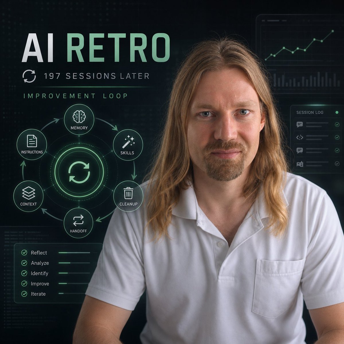 AntiCodeGuy's tweet photo. <written by a human being>

197 sessions in (yes, that's the real number - though it includes the many sessions the agent itself spawned internally) of developing an information system with AI, you start to realize not everything goes smoothly. This actually happens with human dev teams too, which is exactly why regularly running what's called a Retro is considered good practice.

It's a procedure where you look back at the past sprint and collect feedback: what went wrong, what can be improved. Ideally, it's followed by actual changes to the process and actions that drive those changes.

The same thing is worth doing with your AI agents - especially on larger projects, when the initial setup stops holding, instructions get ignored, context gets lost, and all the other delightful quirks of working with modern LLMs kick in.

Below I'll give you the list of what we cover in a retro, so you can just drop this list into your sessions and kick off that infamous improvement loop - which is, after all, the whole point of this exercise.

So, here's what a retro looks like:

1. Go through all logs from all sessions of the current project and analyze them for inconsistencies and contradictions: where mistakes were made, rules and instructions were broken, established conventions weren't followed, important context was forgotten - anything that critically impacts the outcome.

2. Pay special attention to the operator's messages (that's you), because the AI is confident it's doing everything right - but your comments, questions, and interruptions are exactly what exposes the gaps. So it makes sense to focus on those. That said, the agents' own output tokens are worth analyzing too, since they contain a lot of reasoning about decisions made.

3. Put together a list of possible improvements to instructions, memory, and context. When doing this, it's important to draw on the model developer's recommendations (Anthropic's, for example, if you're working with Claude Code) - so researching their documentation will be useful here.

4. Propose writing new skills or refining existing ones for recurring patterns.

5. Optimize all of this - again, following recommendations and best practices. What I mean is: keep your instruction volume reasonable, tidy up the memory so none of this is flooding a million tokens right at the start of a session.

6. Get the changes approved by the operator.

7. Implement the agreed-upon changes.

8. Create a skill and slash command (like /wrap) for running this retro at the end of every session.

9. Do repository hygiene, task management system hygiene, and general workspace cleanup.

10. Based on the now-cleaned-up backlog, identify the next task.

11. Write a handoff prompt for the next session.

And that's where the loop closes - because in the next session we'll call /wrap and the agent will run this retro again. Do that three times a day and your back won't hurt.