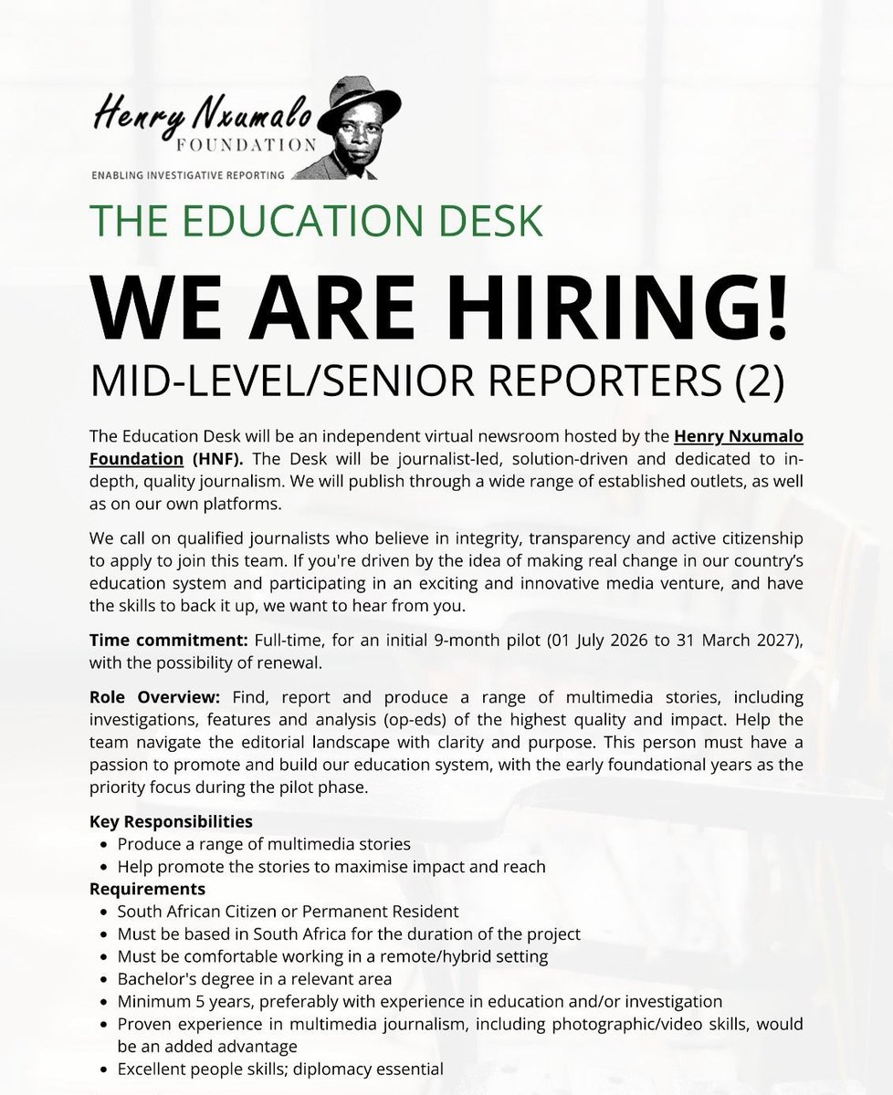 Journ_SA's tweet photo. DEADLINE APPROACHING: The @Henry_Nxumalo Foundation is looking for two mid- to senior-level reporters to join its new newsroom, The Education Desk. Five+ years' experience required, preferably in education and/or investigations.

🗓 Apply by 21 June: https://t.co/QXGyJVplQD https://t.co/iiUKP1rml5