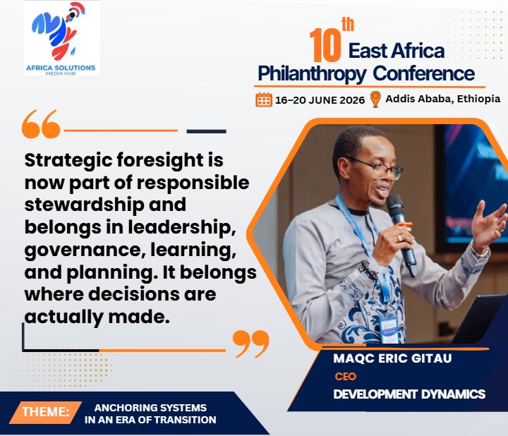 africsolutions's tweet photo. Strategic foresight is now part of responsible stewardship and belongs in leadership, governance, learning, and planning. It belongs where decisions are actually made ~ @MaqCEricGitau CEO @DevelopDynamics #10thEAPC @EAPhilanthropy @Hewlett_Found  @MottFoundation @nguvucollective https://t.co/7q738rqKp5
