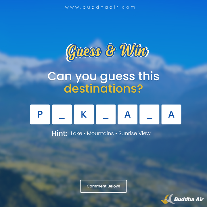 AirBuddha's tweet photo. ✈️ Guess & Win! 🎉

Can you identify this beautiful destination from the clues below?

🏞️ Hint: Lake • Mountains • Sunrise View

💬 Comment your answer below for a chance to win exciting prizes!

✅ Follow Buddha Air
✅ Like this post
✅ Comment your answer
✅ Repost this post
🎁 One lucky winner will be selected.
#GuessAndWin #BuddhaAir #Pokhara #TravelNepal #FlyWithBuddhaAir