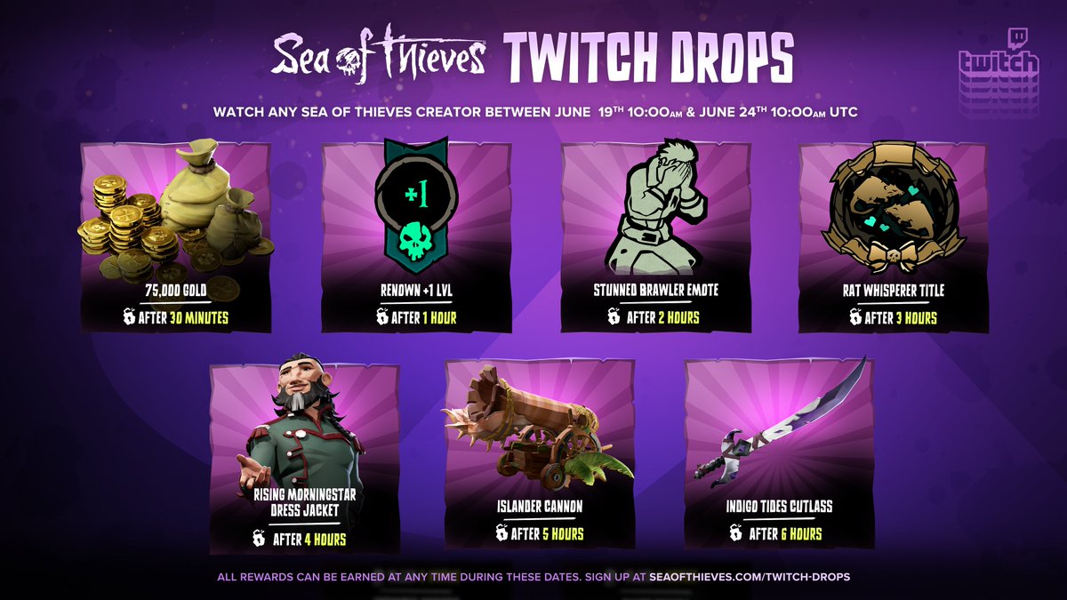 SeaOfThieves's tweet photo. Twitch Drops are live. Acquire Renown, gold, Voyages and cosmetics between now and June 24th (10am UTC), by watching any participating Sea of Thieves stream! Earn everything on the image below over the course of six hours. https://t.co/mO25kdQaZJ
