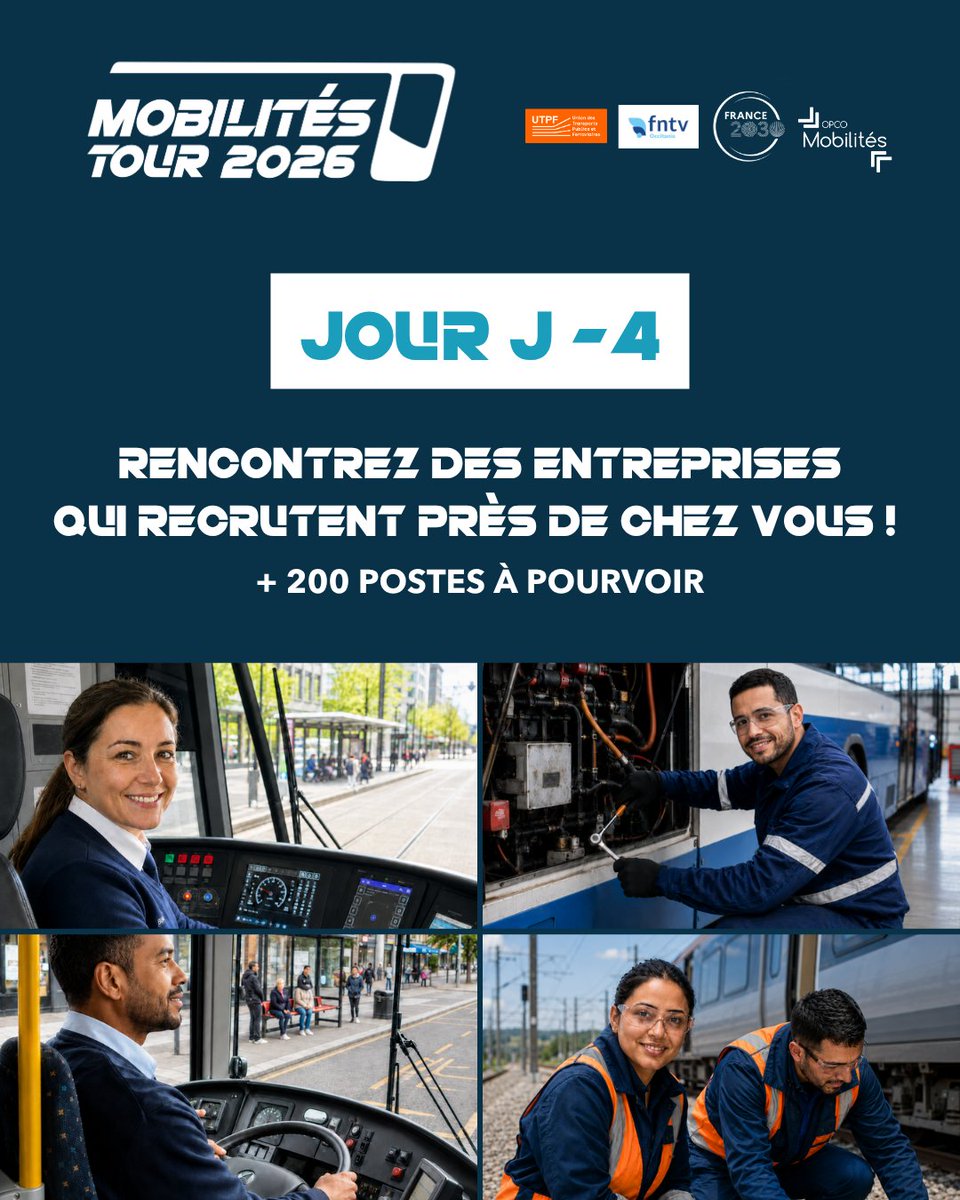 AFTRAL's tweet photo. 🚍 J-4 avant le Mobilités Tour à Toulouse !

Le 23 juin, découvrez les métiers du transport voyageurs, échangez avec les pros et rencontrez les recruteurs : +200 postes à pourvoir.

📍 Allée Jules Guesde
🕘 9h-16h
🎟️ Entrée gratuite et libre

#MobilitesTour #Toulouse https://t.co/BuY6XSK2A1