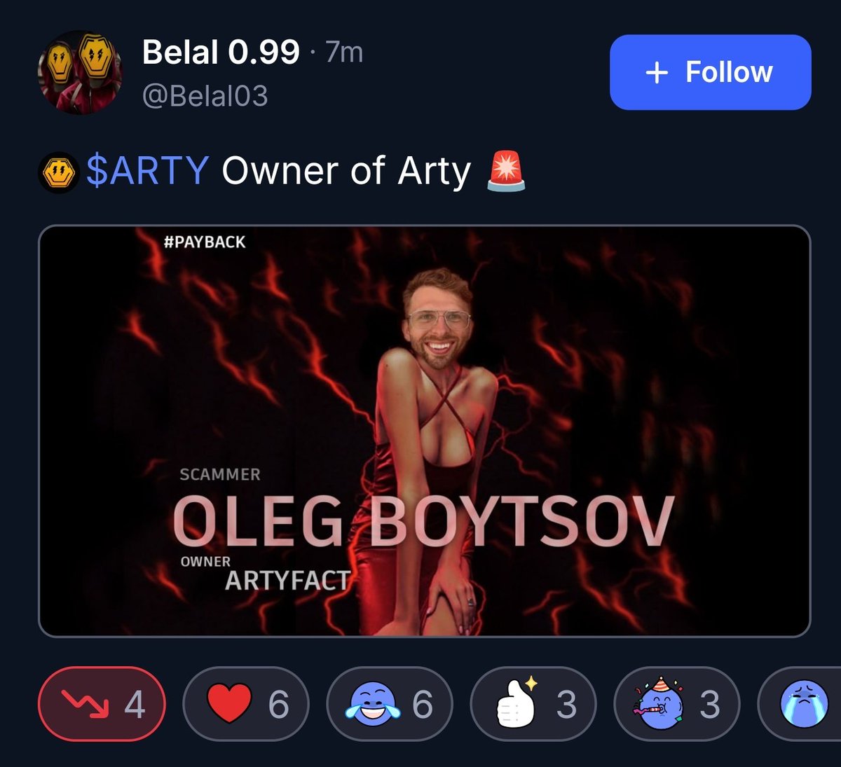 BaxOp56's tweet photo. $arty Good evening 
@ArtyfactST @oleg_boytsov @sammieajayi @artyfact_game 

#arty 🚨

Scam project by oleg https://t.co/8p0qc0SbaW